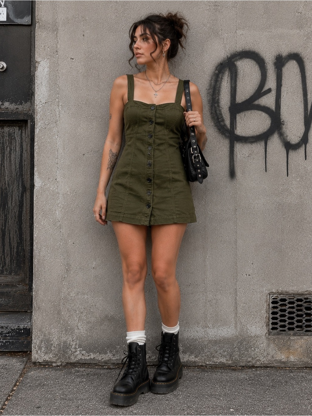 Banana Republic 12P Olive Corset Tank Dress Button Front Cotton Mini Grunge